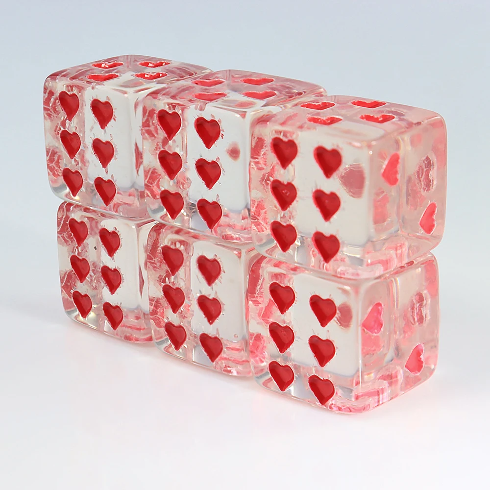 6-sided dice with small hearts for board games classroom math recreational game dice 6pcs