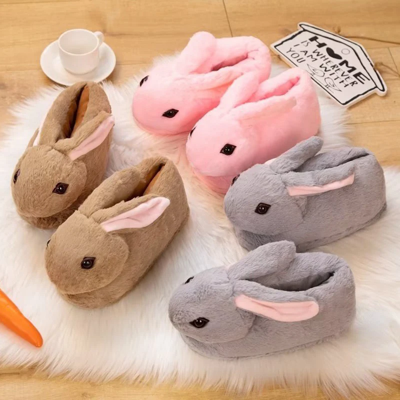 Cute Cartoon Rabbit All Inclusive Winter Warm Home Slippers Adult Girl Lady Plush Head Silent Indoor Floor Women Fun Slippers