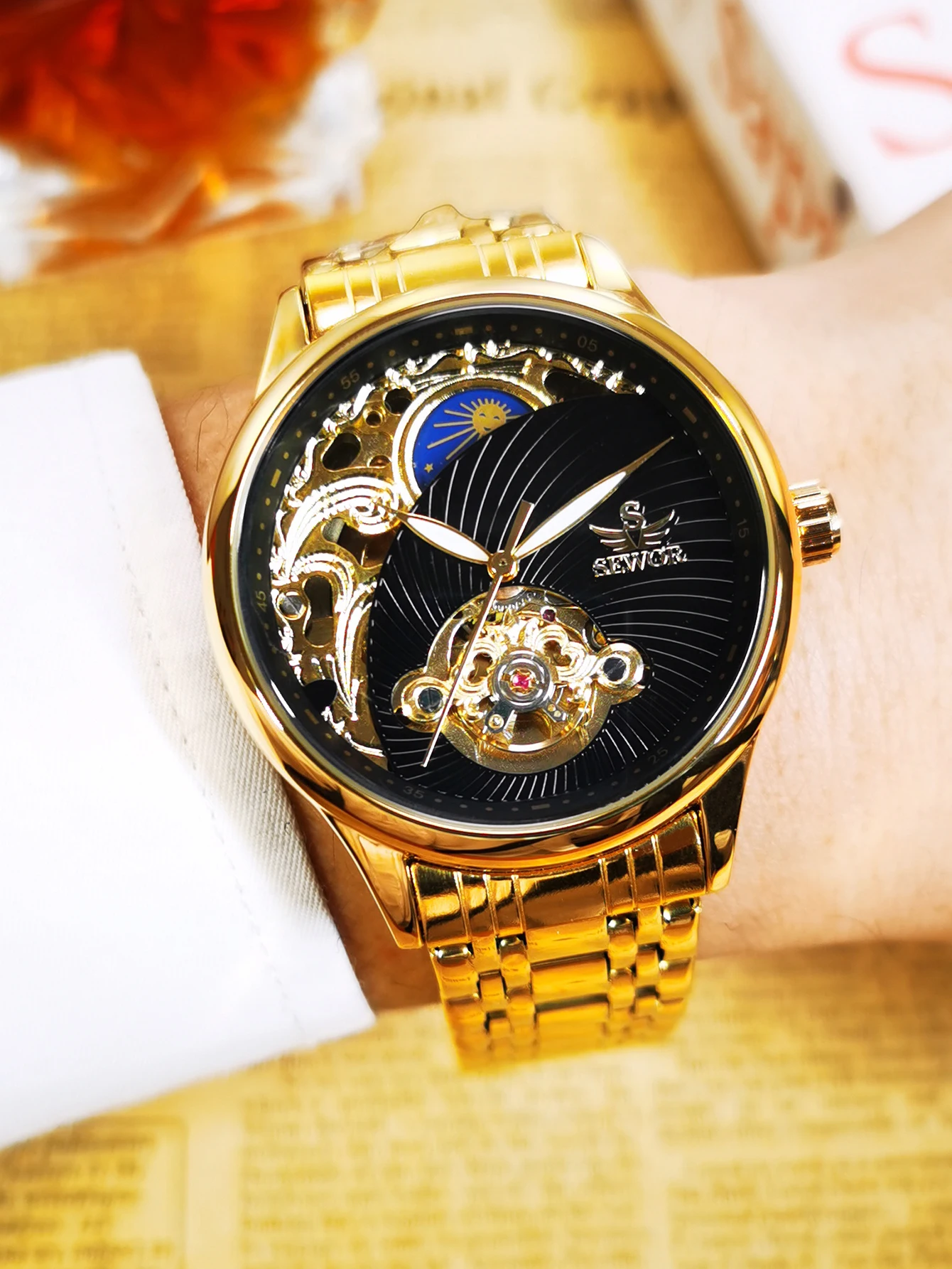 AOKULASIC Gold Skeleton Mens Watch Retro Moon Phase
