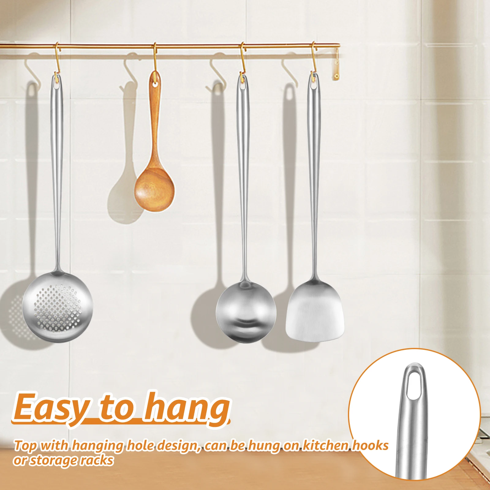 Stainless Steel Chinese Cooking Utensils Set Solid Wok Spatula and Ladle Skimmer Spoon Hanging Hole Design Kitchen Cooking Tools