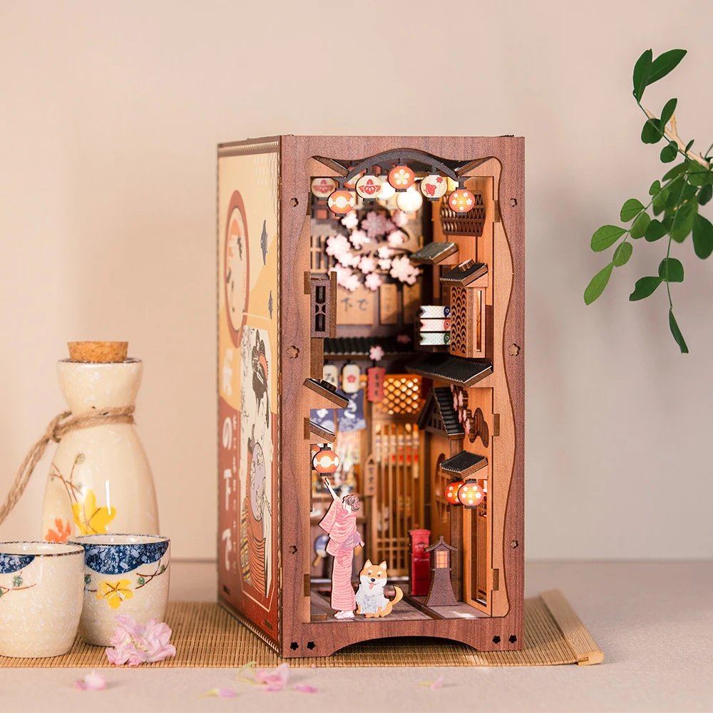 CUTEBEE DIY BOOK NOOK Japanese Cherry Blossoms Wooden Bookend Bookshelf Kits Miniature Furniture for Kids Adult new 2 pcs set creative cartoon fashion style bookshelf large metal bookend desk holder stand for books organizer gift stationery
