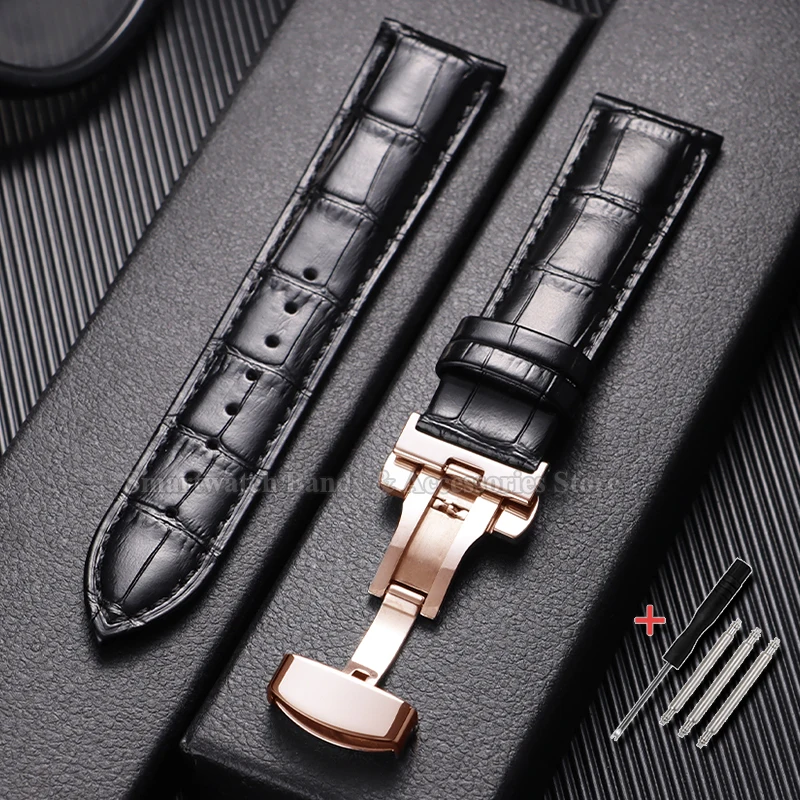 Premium Waterproof Cowhide Leather Watch Strap with Metal Butterfly Buckle