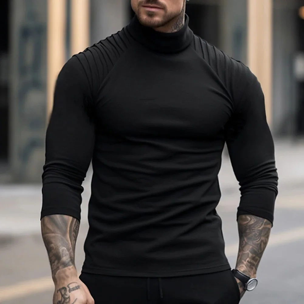 

Chemical Fiber Blend Men's Casual Funnel High Collar T Shirts Long Sleeve Fitness Shirts for Men's Daily Wear