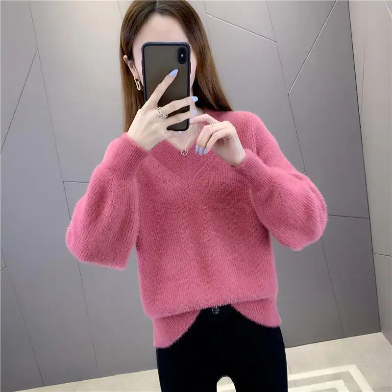 

Imitation Mink Short Sweater Women's 2023 Autumn and Winter Thickened Knitted Bottom Long Sleeve Top V-Neck Pullover B570