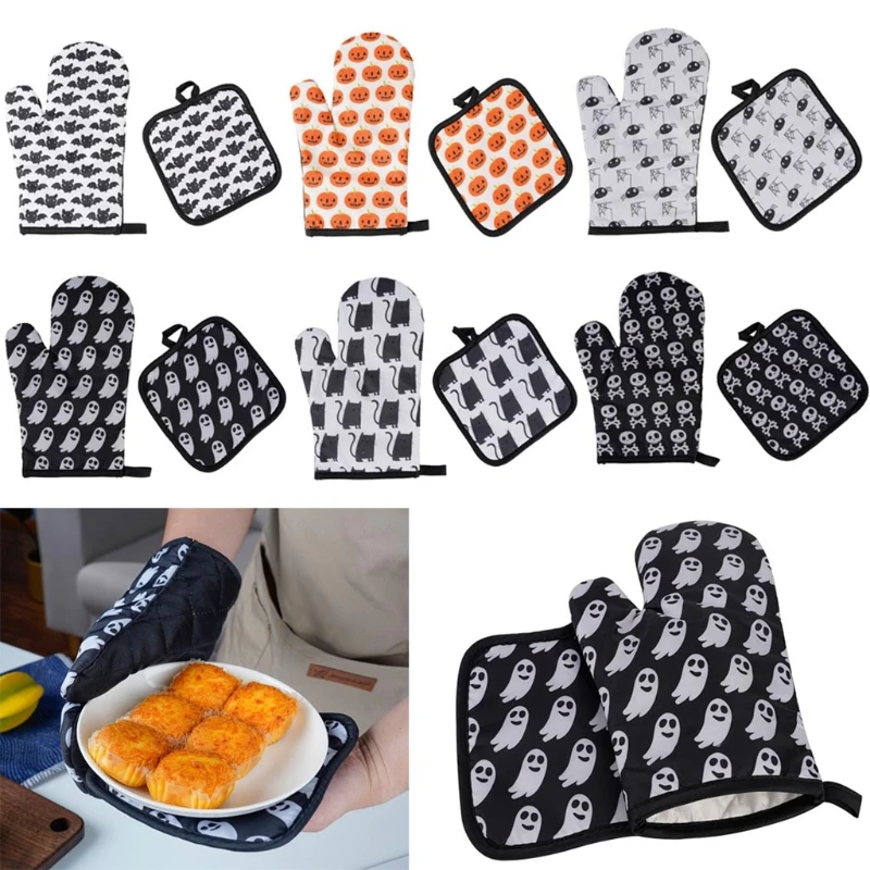 Heat Resistant Oven Mitts Pot Holders Halloween Style with Non-Slip Surface Safe for Baking Cooking Barbecue for Kitchen B03E