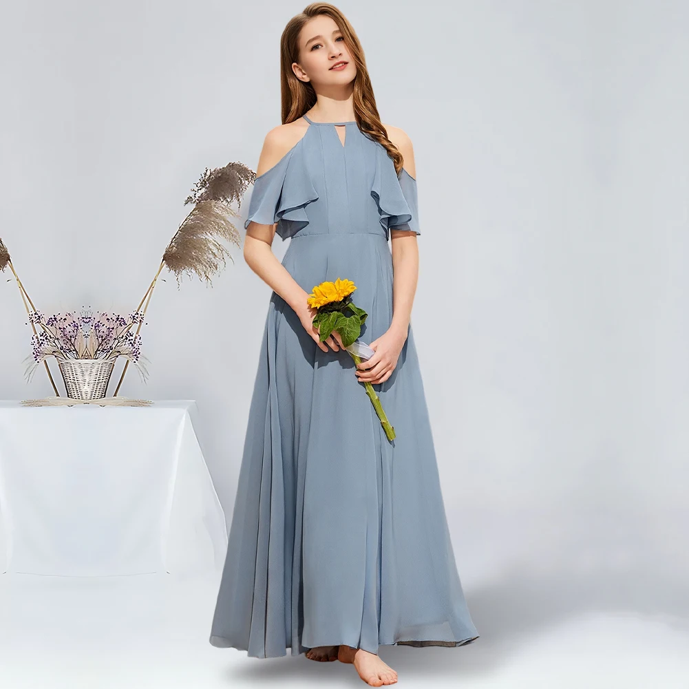 

A-line Halter Floor-Length Chiffon Junior Bridesmaid Dress With Cascading Chic Ruffles Dusty Blue Flower Girl Dress for Wedding