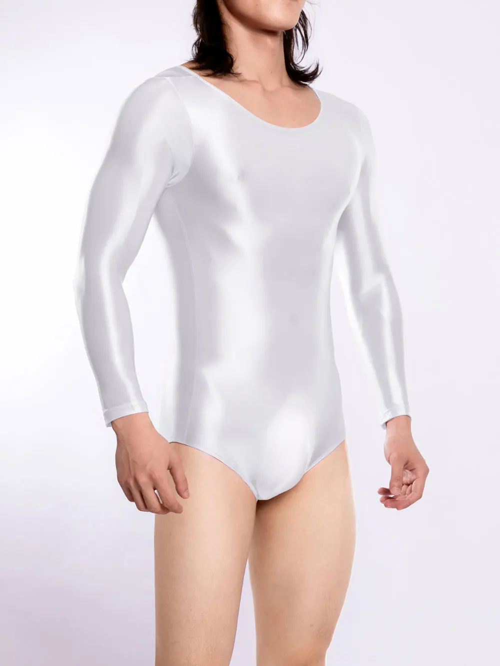 Sexy Satin Shiny Men's Bodysuit Sheer See Through U Bulge Pouch Thong YogaTights High Elastic Slip Long Sleeve Leotard Shapewear
