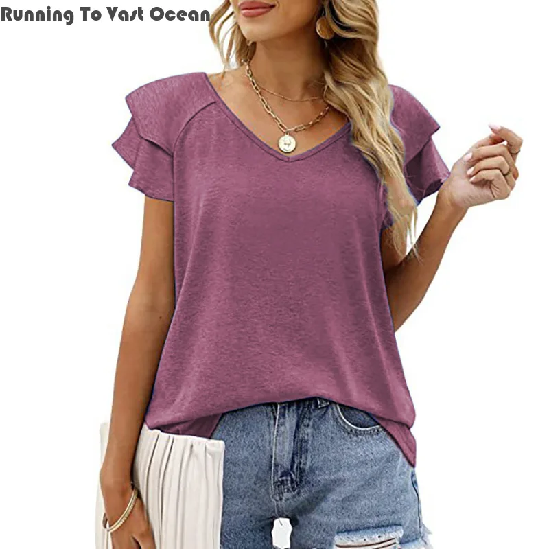 

2024 New Women's Solid Color V-neck Double Ruffle Edgesleeves Loose Top T-shirt Ruffle Edge Petalsleeves Loose Commuter Leisure