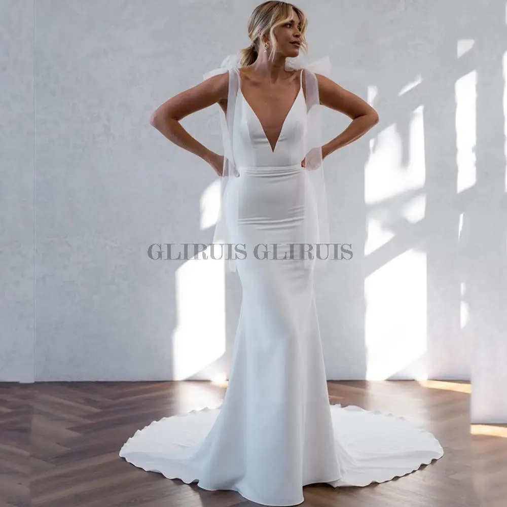 

Deep V Neck Mermaid Wedding Dress With Ribbon Backless Sexy Bridal Gown Robe De Mariée Court Train Soft Satin Pleat