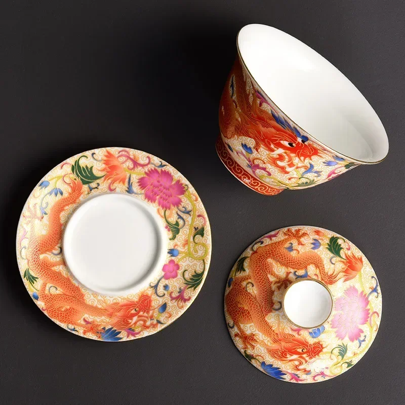 Kung Fu Gaiwan Teacups Intricately Designed Dragon and Phoenix Tea Cups Elegant Ceramic Color Enamel Teaware Tea Tureen