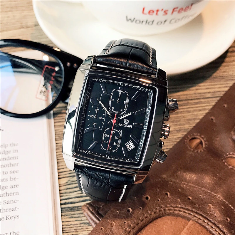 

Прямоугольные часы для мужчин, мужские часы, кварцевые спортивные водонепроницаемые мужские часы с хронографом и кожаным ремешком