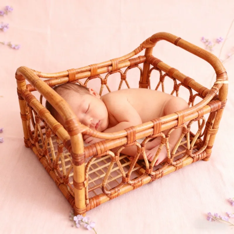 1pc Retro Rattan Lie Down Basket Chair Newborn Bebe Photography Props Posing Bed Background Photo Accessories for Baby Girl Boy