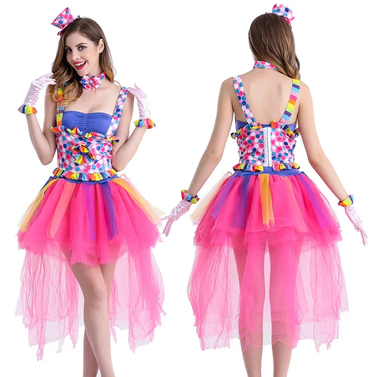 

High Quality New Adult Costumes Sexy Halloween Circus Clown Color Sling Princess Dress Clothes Stage Performance Clothing