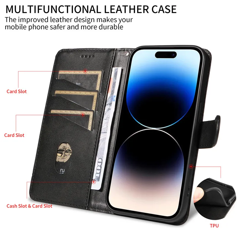 Retro Lines Leather Flip Wallet Case with Card Slot - Stylish and Functional Phone Cover