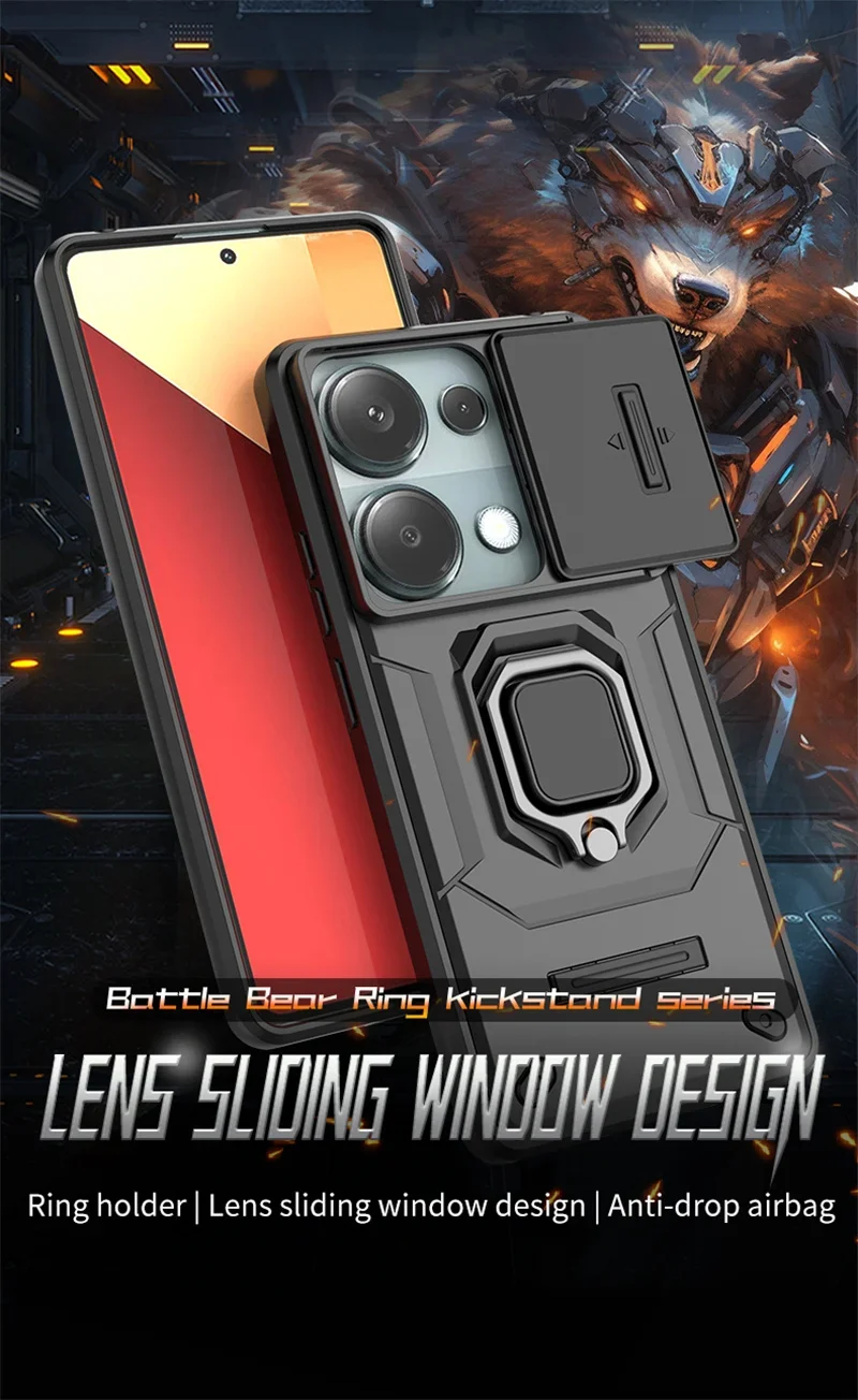 Xiaomi Redmi Note 13 Pro 4G Armor Case with Slide Camera Lens Protection & Ring Stand