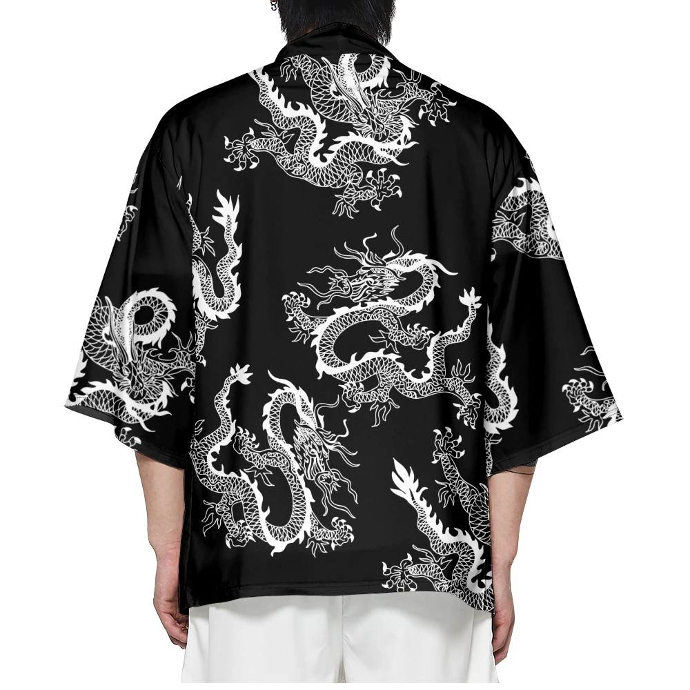 

Loose Black Dragon Print Cardigan Women Men Harajuku Haori Kimono Cosplay Top Shirts Yukata Robe Japanese Streetwear