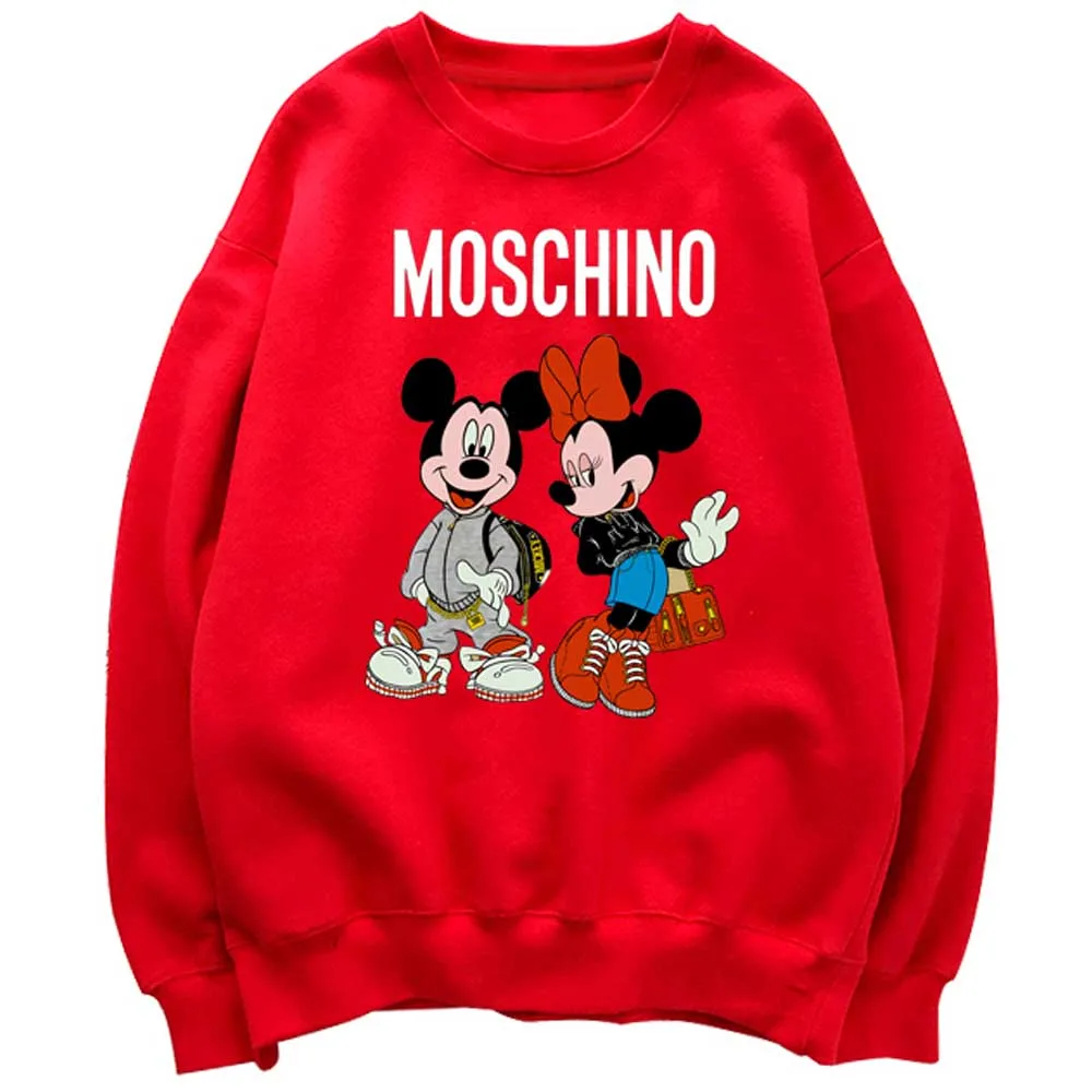 Disney Stylish Mickey Minnie Mouse Cartoon Letter Print O-Neck Pullover Unisex T-Shirt Long Sleeve  Loose Tops S - 3XL 9 Colors