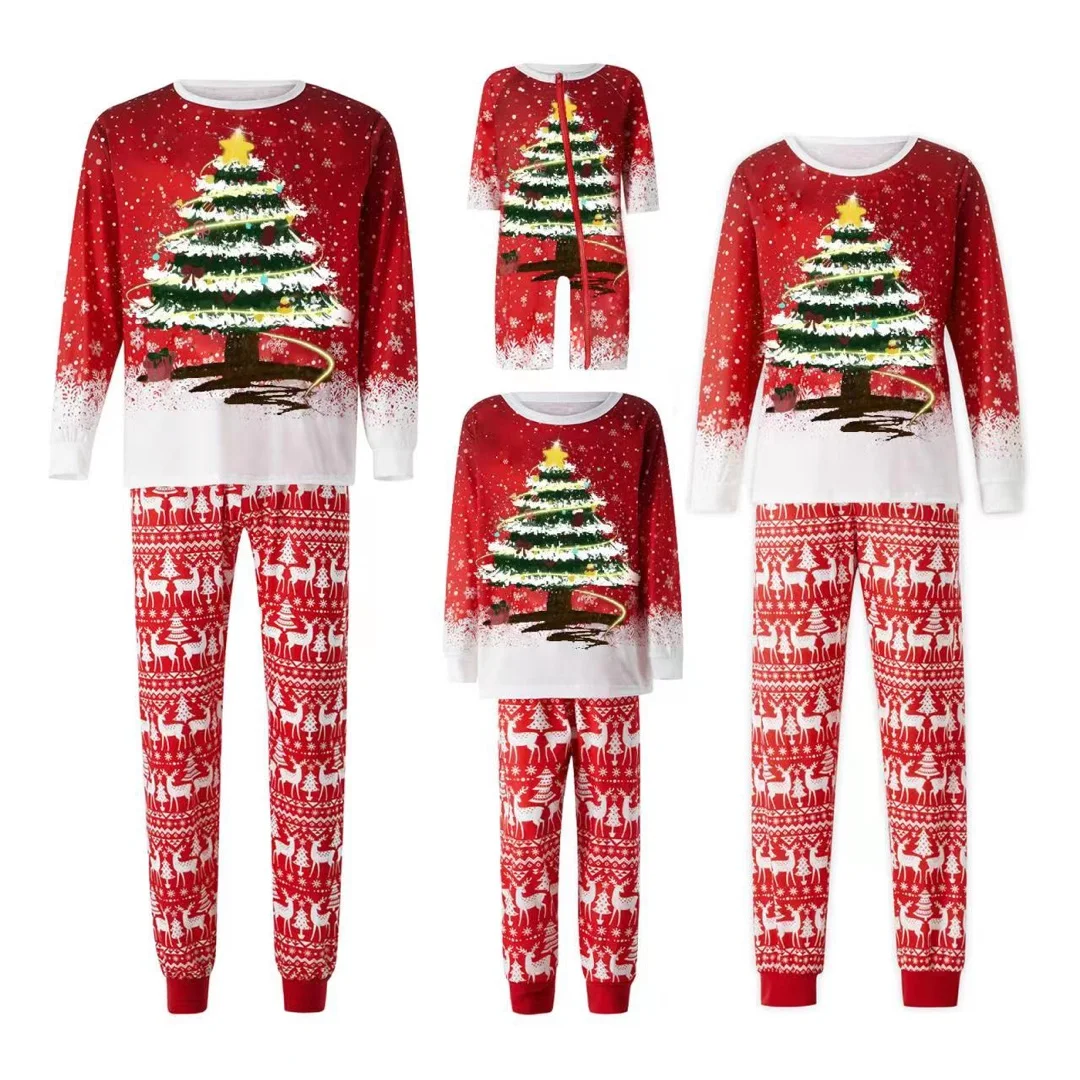 Matching Family Christmas Pajamas Outfit Long Sleeve Deer Snowflake Print Pullover Pants Set for Adult Kids