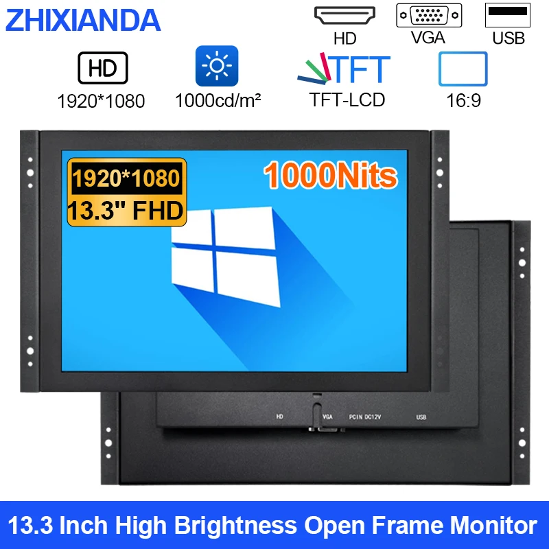 고휘도 1000니트 13.3인치 1920*1080 오픈 프레임 임베디드 산업용 터치 스크린 모니터 HDMI VGA USB 지원 야외용