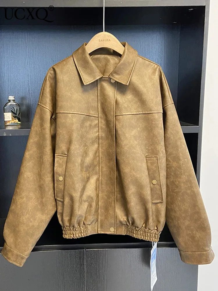 

UCXQ Vintage PU Leather Jacket Women Streetwear Long Sleeve Zipper Outwears Coat 2023 Autumn Winter New Khaki Clothes 23A5524