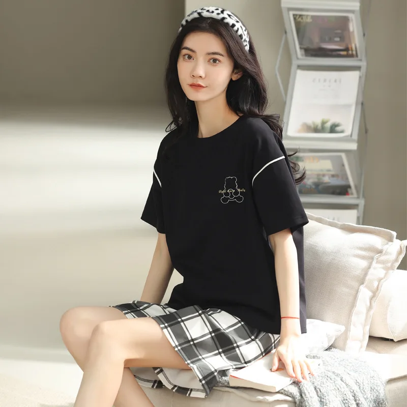 Pajamas women's summer cotton short-sleeved shorts casual cute loose home clothes thin summer suits girl sleepwear