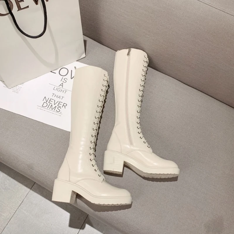 High Heels Laces Knee Shaft Ladies Boots Women Winter