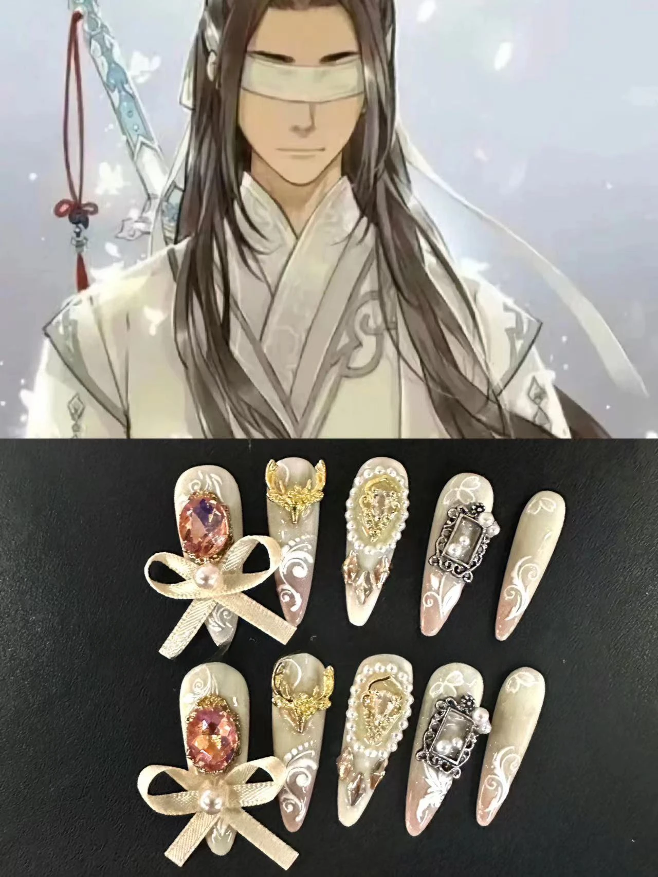 

Mo Dao Zu Shi Xiao Xingchen Concept Hand Made Fake Nails Gorgeous Almond False Nails Solid White Red Diamond Nail Tips Art