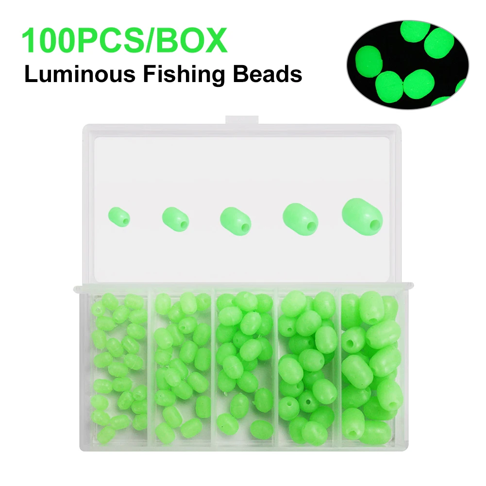 

100pcs Glow-in-the-Dark Fishing Beads 5 Sizes Oval Green Glow Beads Soft Rubber Beads for Sabiki Snapper Lure Fishing Rigs