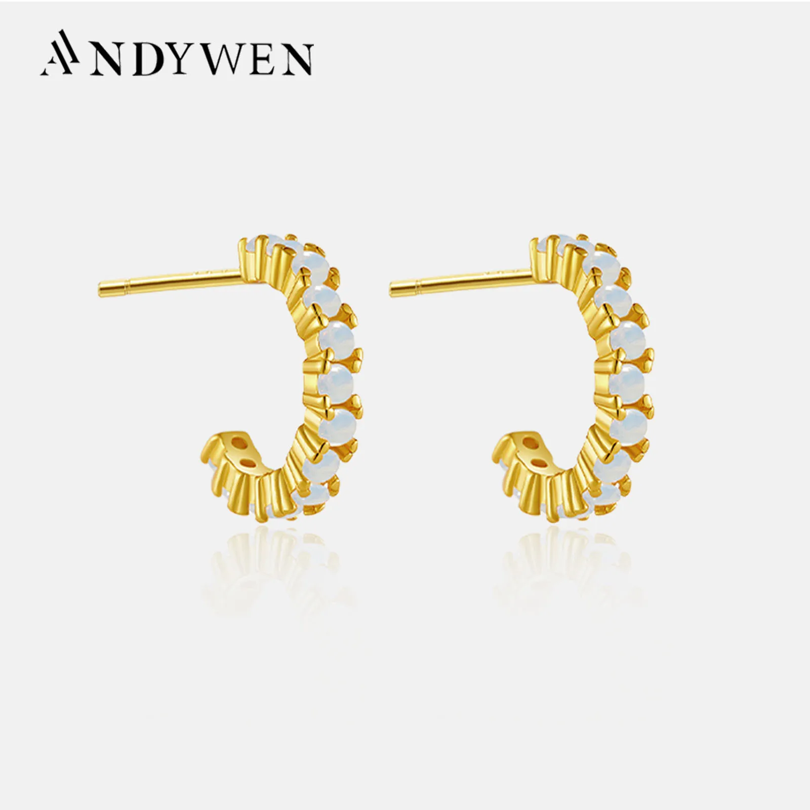 

ANDYWEN 925 Sterling Silver Luxury Crystal Circle Gold Women Round Piercing Luxury Opals Huggies Fine Clips On Ear Jewelry
