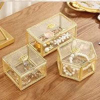 1pc European Crown Earrings Ring Storage Box Gold Glass Transparent Jewelry Tabletop Jewelry Organizer Box Excluding Jewelry 2