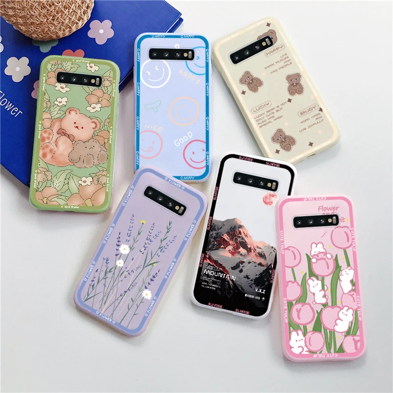 

For Samsung Galaxy S10 Plus S10e Cartoon Bear Case Silicone Cover Funda For Samsung s 10 s10plus s10 E Flower Coque Bumper Shell