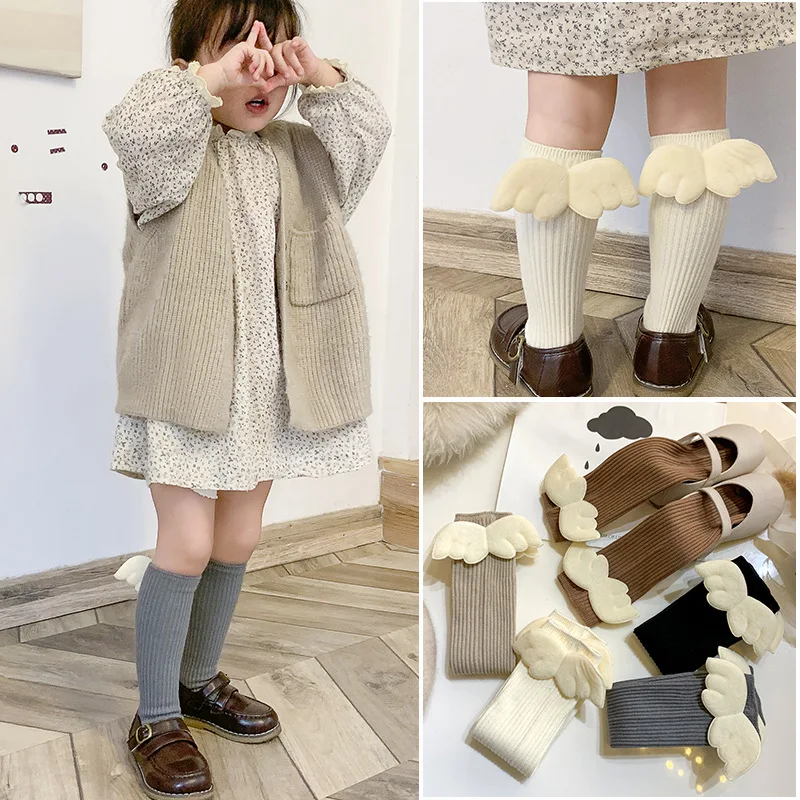 Baby Girls Knee High Socks Long Kids Soft Cotton Angel Wings Princess Children Sock Ruffle Leg Warmers Cute Girl Socks For 0-8 Y 1