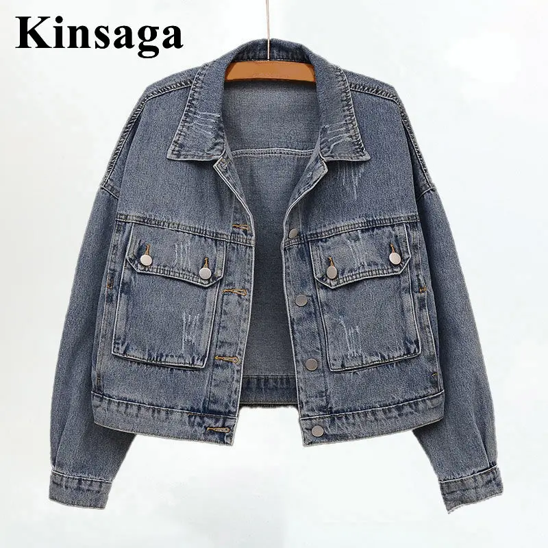 Women Street School Bag Pockets oversize Denim Jackets Vintage Ripped Long Sleeve Blue Jean Jacket Casual Jean Coats Outwear vans vans x sesame street old school vn0a7q5f7vj sesame street natural