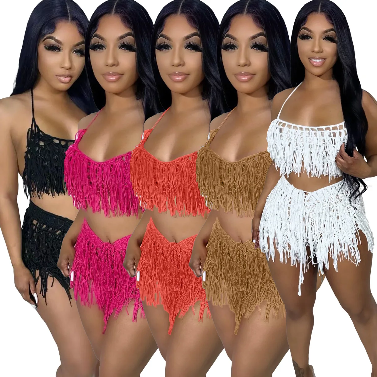 Sexy Hand Crochet Tasse Two Piece Set for Women Summer Spaghetti Straps Crop Top Shorts Beach Style Female Suit Night Club Wear women s belts genuine leather straps female waistband simple thin strap belt jeans student cowhide belts gold pin buckle design