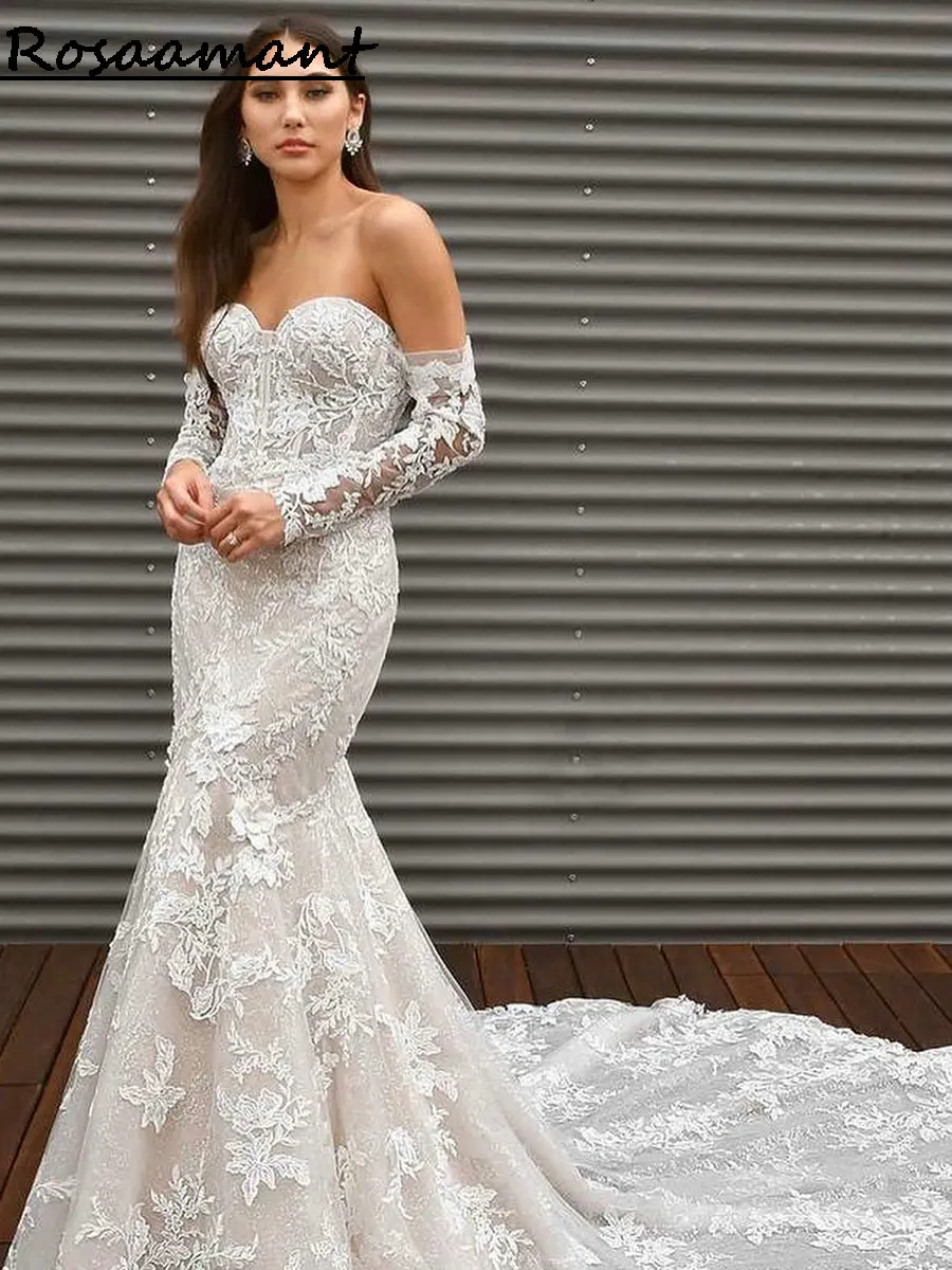 

Elegant Illusion Back Appliques Lace Mermaid Wedding Dresses Sweetheart Detachable Sleeve Boho Bridal Gowns
