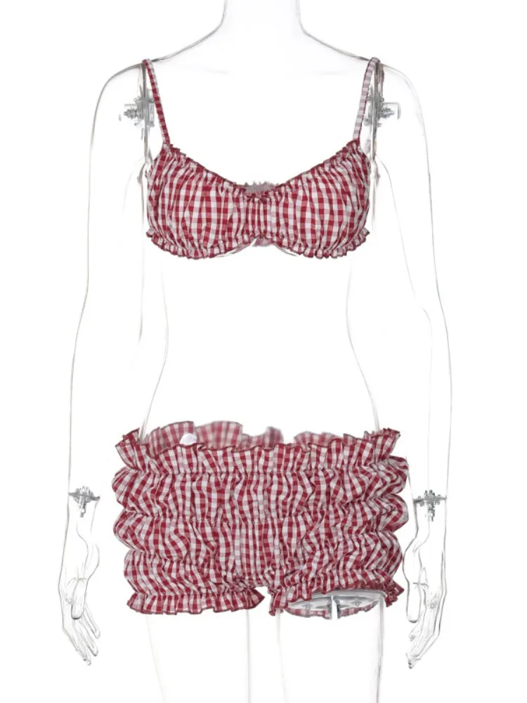 Joskaa Plaid Print Red 2 Piece Bikini Sets Women Swimwear Fashion Ruffles Camisole and Shorts Matching Bathing Suits Beachwear