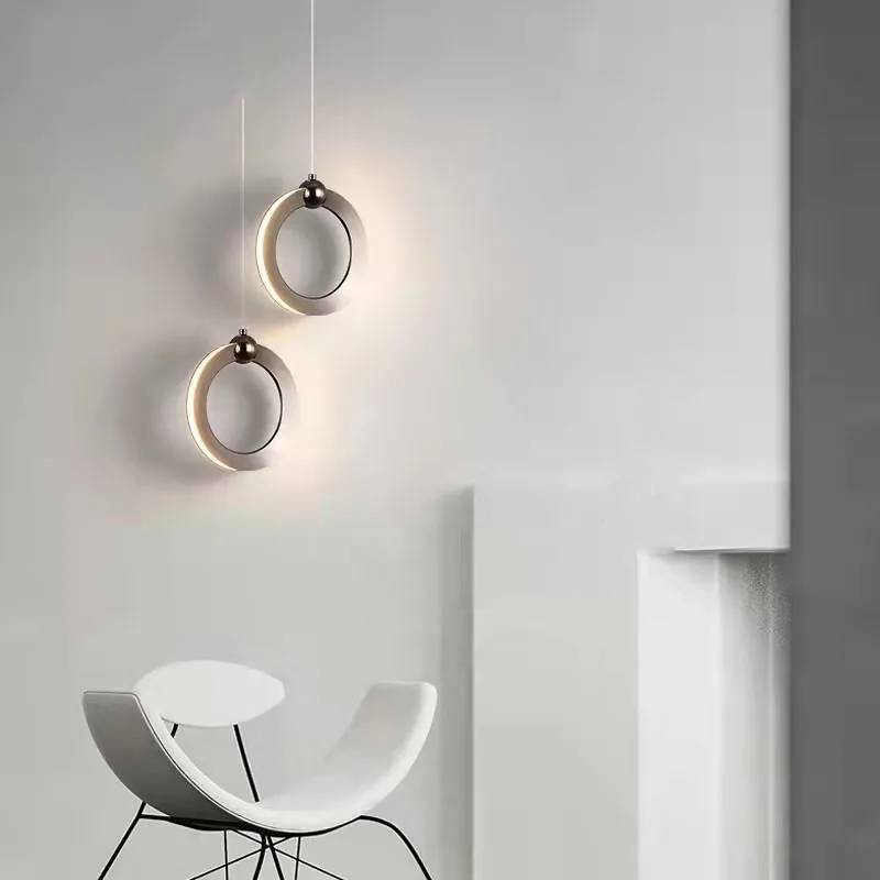 

Metal Ring LED Pendant Lights Bedroom Bedside Hanglamp Shop Bar Dining Pendant Lamp Black Rose Gold Chrome Wire Adjustable