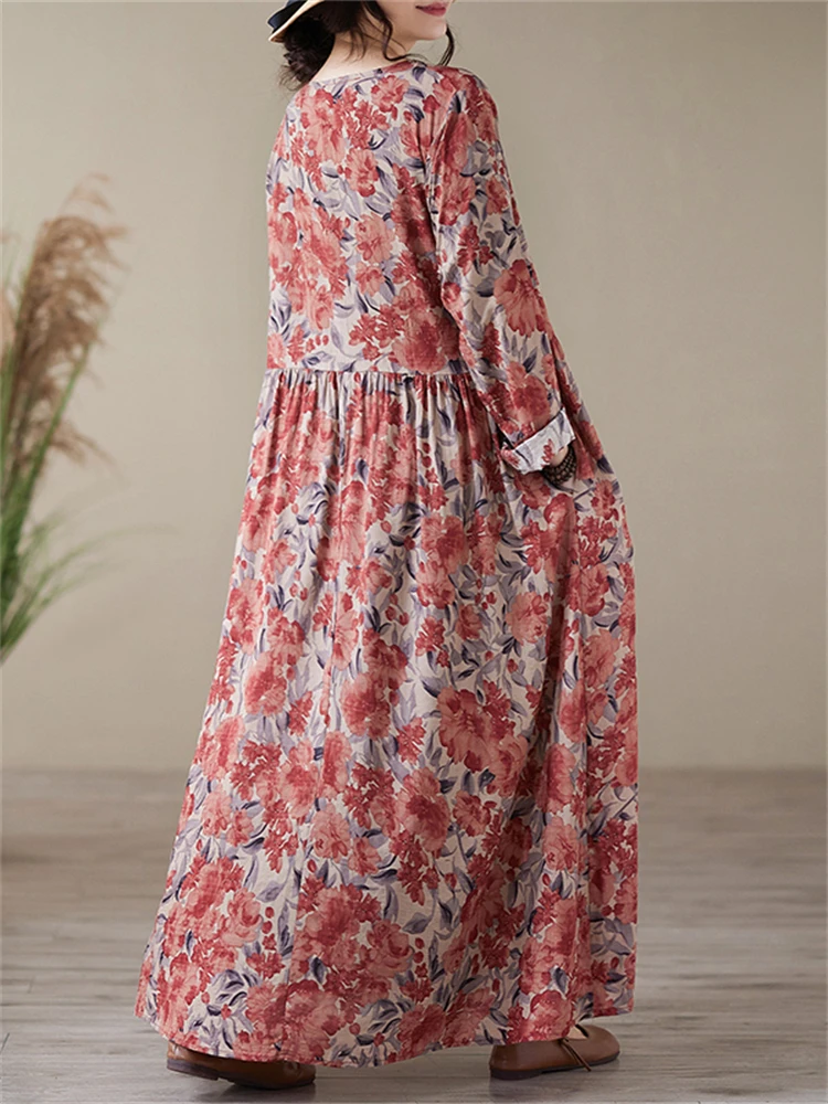 2025 Spring Autumn Cotton Vintage Print Dresses For Women Casual Loose Long Sleeve Dress Femme Robe Vestidos Fashion Clothing