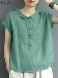 ZANZEA Summer Women Blouse Casual Loose Shirt Short Sleeve Solid Cotton Tunic Tops Fashion Buttons Down Blusas Chemise Oversize