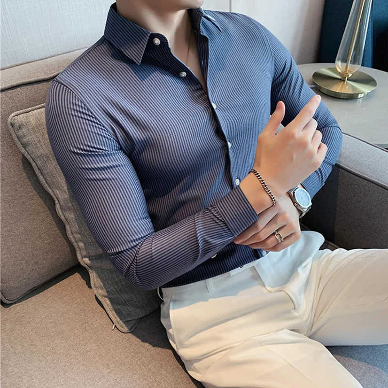 2023 Spring Men's Business Cotton Casual Shirt Men's Trendy Striped Handsome Long-sleeved Top Slim Gentleman Stripe S-4XL Daily