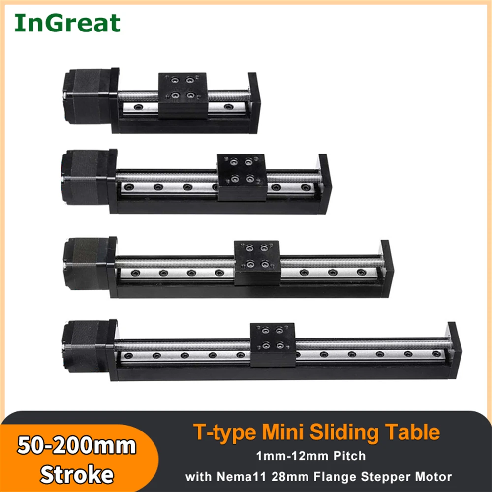 

CNC Linear Rail Guide Stage T-type Mini Stepper Motor Linear Actuator 50-300mm Stroke Sliding Table & Nema11 Stepper Motor
