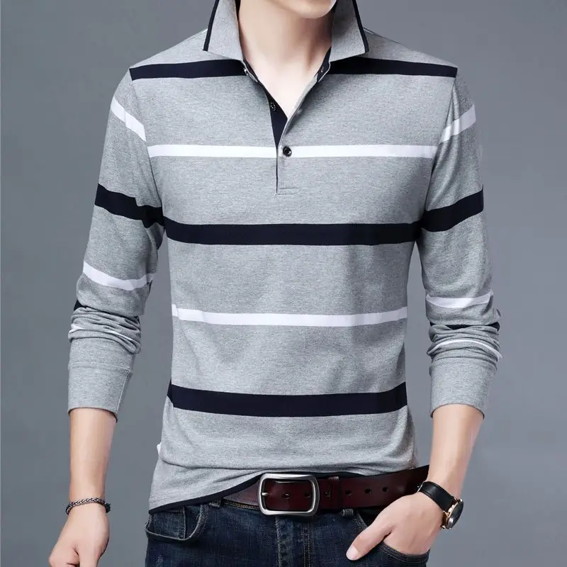 

Autumn New Stripe Print Lapel Button Polo Shirt Men's Korean Business Casual Long Sleeve Patchwork Screw Thread Loose Cotton Top
