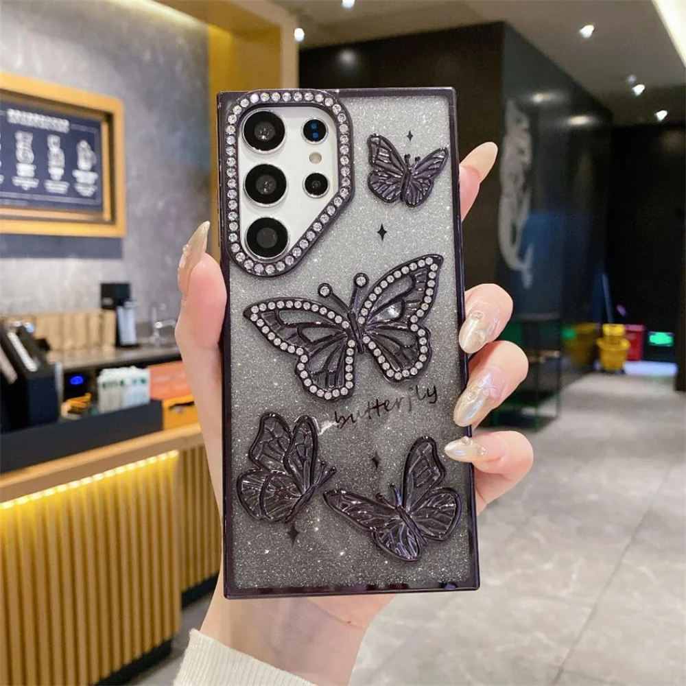 Cute Cartoon 3D Butterfly Diamond Glitter Gradient Phone Case with Plating Trim