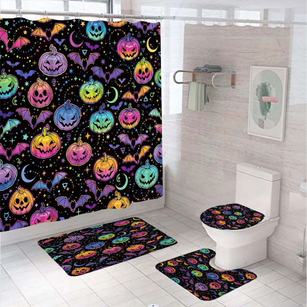 

4PCS Halloween Bathroom Set Shower Curtain Colorful Pumpkin Bat Moon Star Screen Non-Slip Bath Mat Rug Lid Toilet Cover 12 Hooks