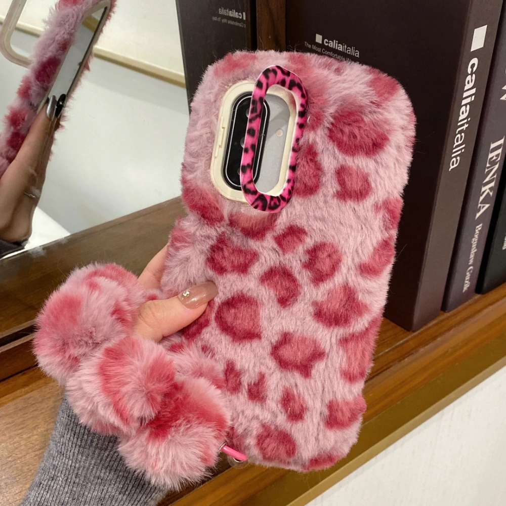 Leopard Print Fuzzy Plush Phone Case with Stand Holder and Lanyard