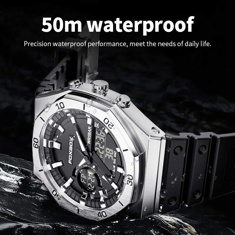 FOXBOX New Dual display Watches For Men Casual Sports Chronograph Quartz Big Dial Wrist Watch Silicone Waterproof Digital Clock - 3