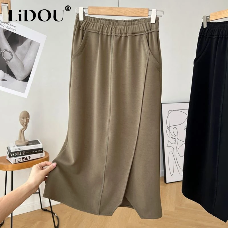 

2023 Spring Summer Solid Color Fashion Elastic Waist Hip Wrap Skirt Women High Street Pockets All-match Chic Female Clothing