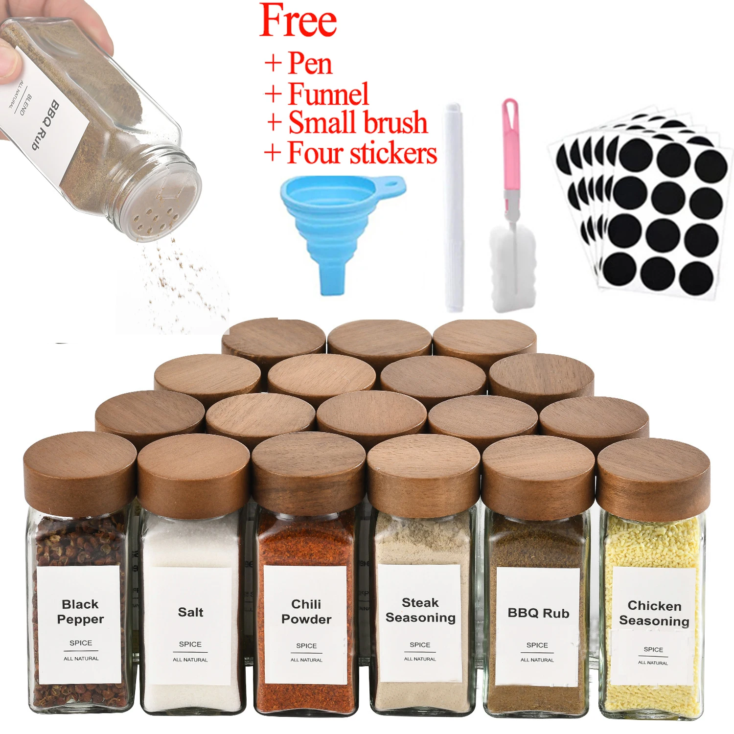 Seasoning Jar Wood Cover Glass Spice Jars Square Transparent Seasoning Storage Bottles Kitchen Salt Spices Ground Pepper Sealing Tools spices bottle,seasoning jar
