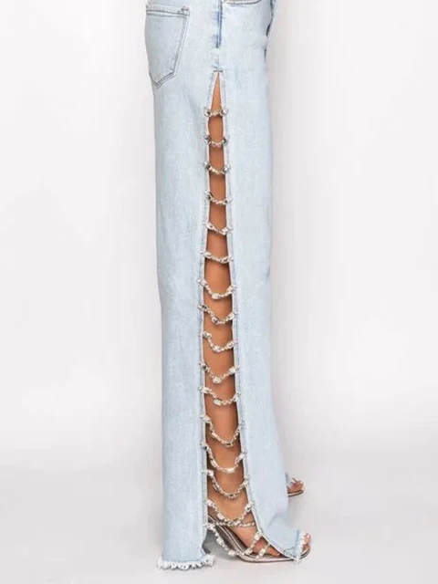 Sexy hole rhinestone denim pants women fashion baggy pants hotwife streetwear high waist wide leg jeans woman clothing trousers 4