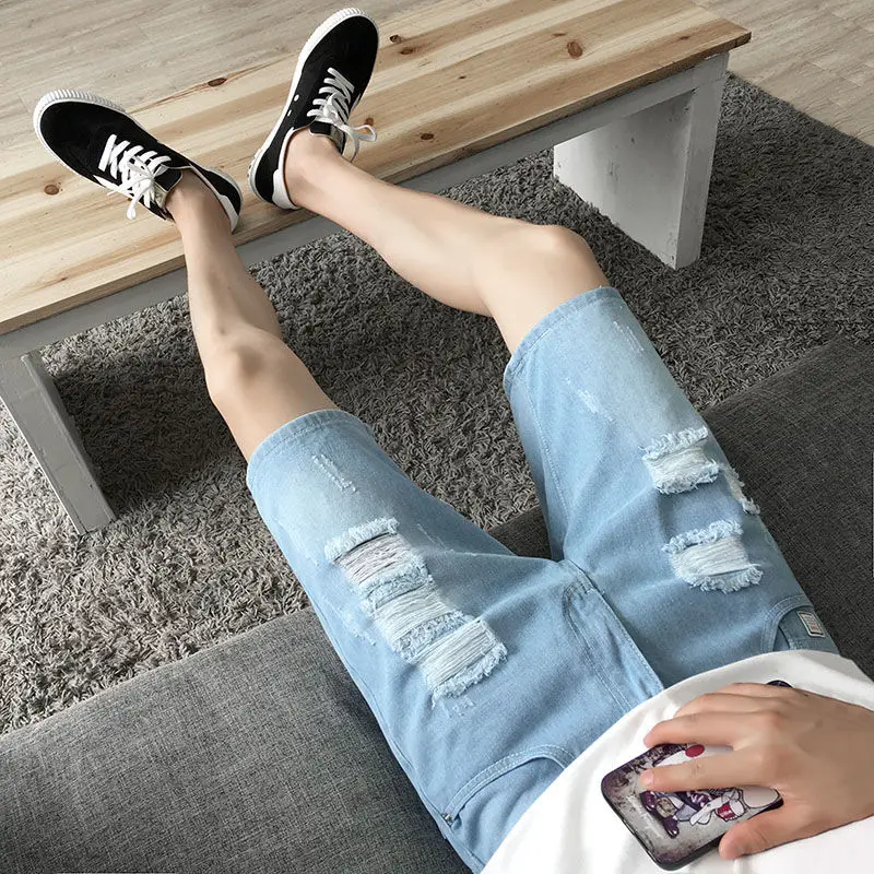 Ripped Denim Shorts Men's Five-point Summer Pants Korean Version 5-point Beggar Thin Men's Medium Pants